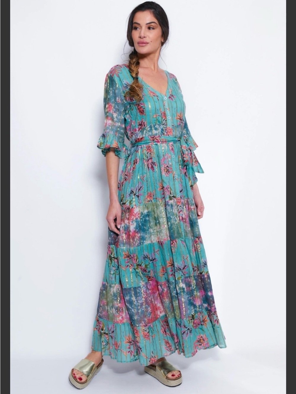FR43. From France 🇫🇷 Turquoise Floral V-Neck Maxi Dress - Picture 1 of 2